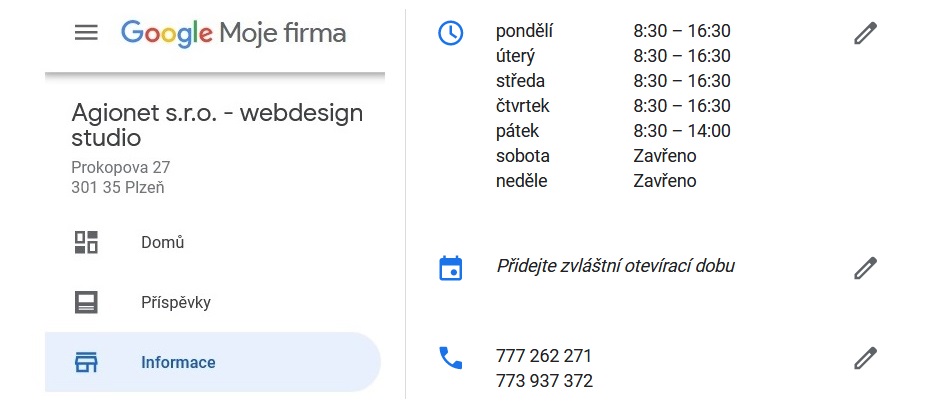 Google Moje firma aktualizace udaju