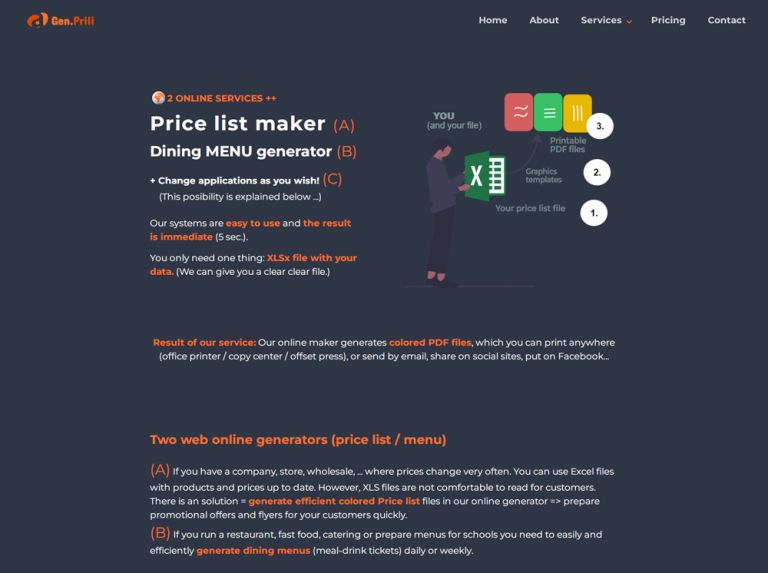 Gen. Prili Agionet – webprezentace pro generátor ceníků/menu